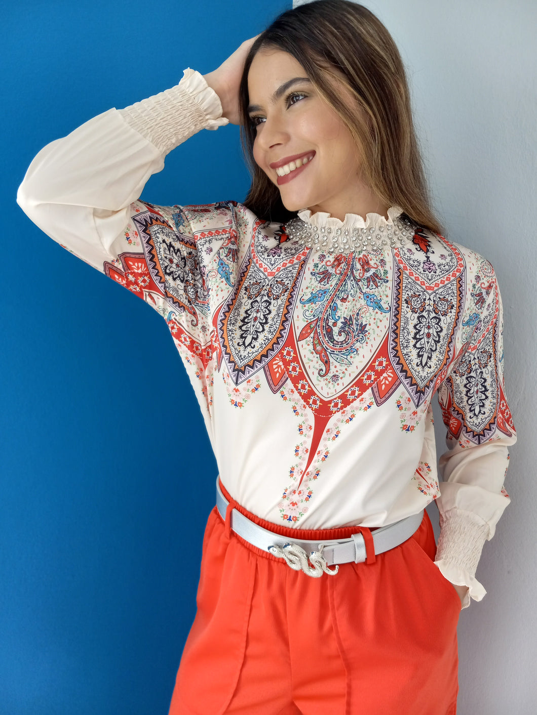 Rhienestone Details Printed Blouse
