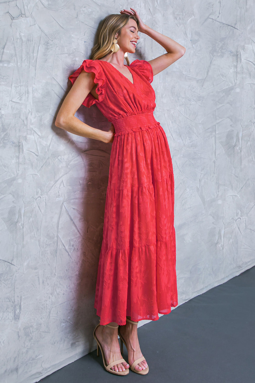 Textured Woven Red Midi Dress