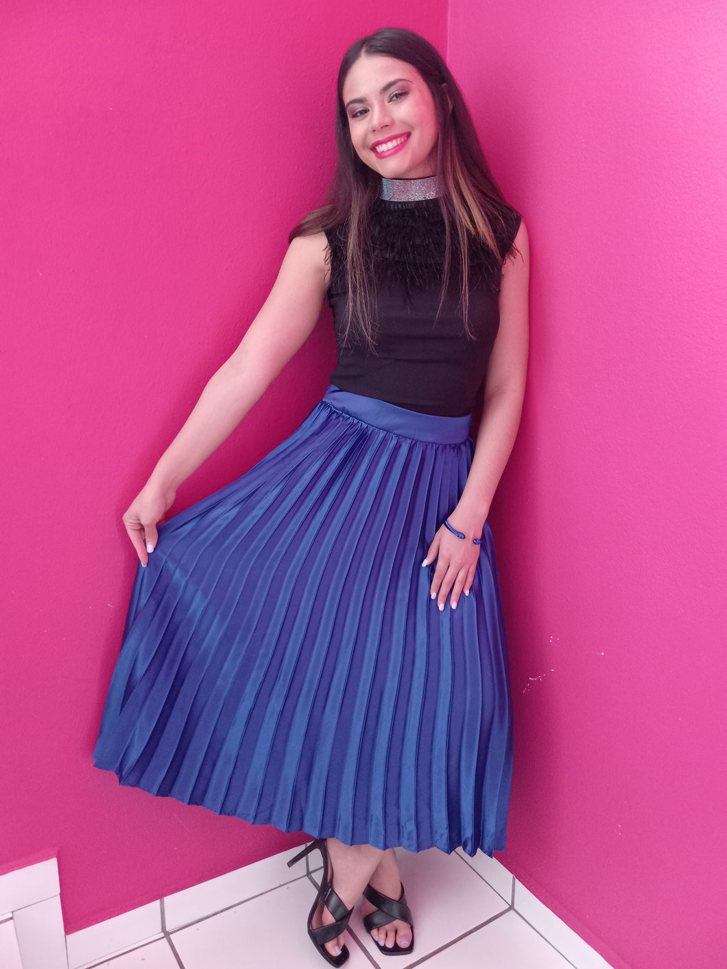 Satin Pleated Royal Blue Skirt