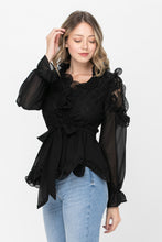 Load image into Gallery viewer, Lace Detail  Ruffle Black Blouse
