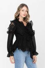 Load image into Gallery viewer, Lace Detail  Ruffle Black Blouse
