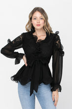 Load image into Gallery viewer, Lace Detail  Ruffle Black Blouse

