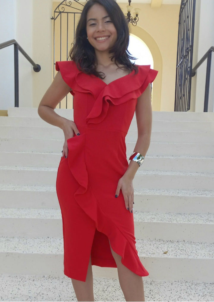 Double Ruffle Red Midi Dress