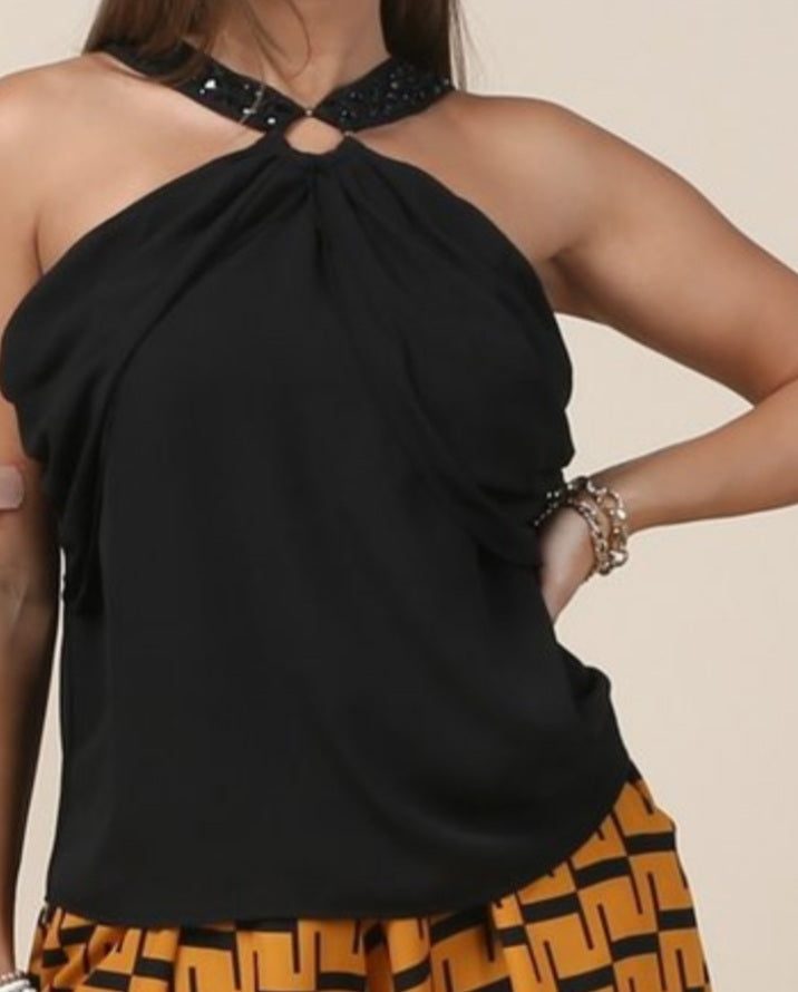 Beaded Trim Black Blouse